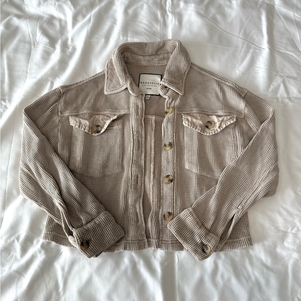 Beige Waffle Knit Cropped Shacket